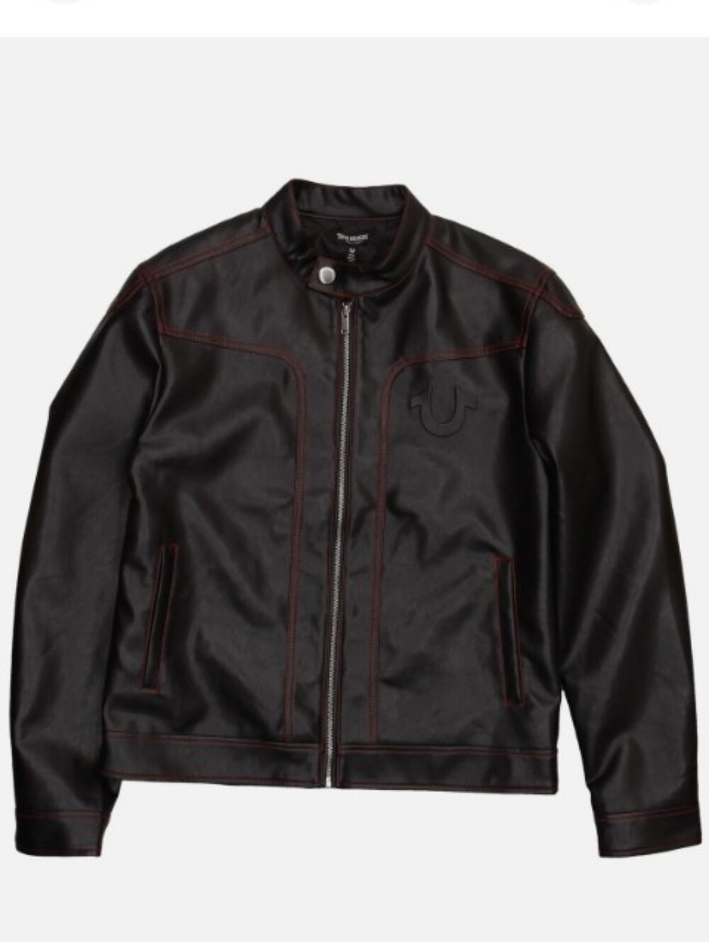 New True Religion Mens XL PU Moto Jacket Black Red Contrast Stitch